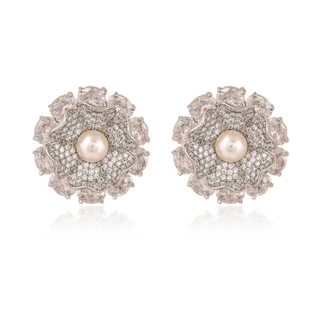 Floral Silver Finish CZ Designer Festive Wear Luxury Brass Earrings