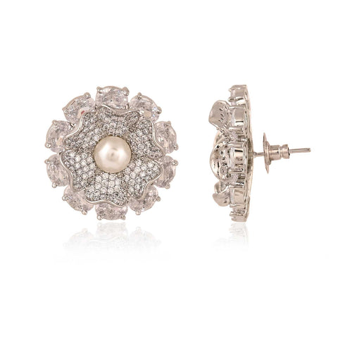 Floral Silver Finish CZ Designer Festive Wear Luxury Brass Earrings