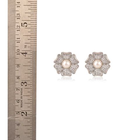 Floral Silver Finish CZ Designer Festive Wear Luxury Brass Earrings