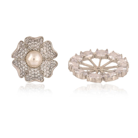 Floral Silver Finish CZ Designer Festive Wear Luxury Brass Earrings