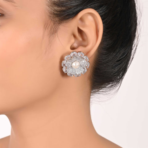 Floral Silver Finish CZ Designer Festive Wear Luxury Brass Earrings