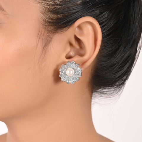 Floral Silver Finish CZ Designer Festive Wear Luxury Brass Earrings