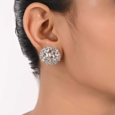 White Floral Silver Finish CZ Designer Festive Wear Luxury Brass Earrings