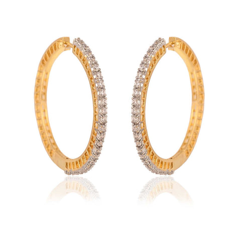 Gold Finish Round Embellished CZ Designer Festive Wear Luxury Brass Earring Hoops