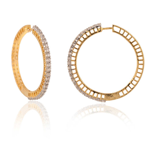 Gold Finish Round Embellished CZ Designer Festive Wear Luxury Brass Earring Hoops