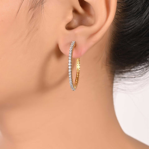 Gold Finish Round Embellished CZ Designer Festive Wear Luxury Brass Earring Hoops