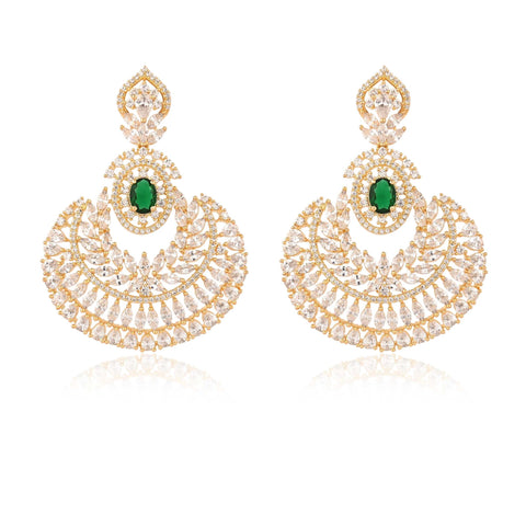Green Chand-Bali Gold Finish CZ Designer Festive Wear Luxury Brass Earrings