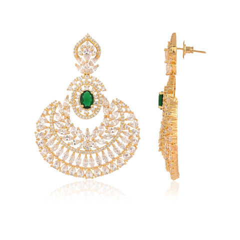 Green Chand-Bali Gold Finish CZ Designer Festive Wear Luxury Brass Earrings