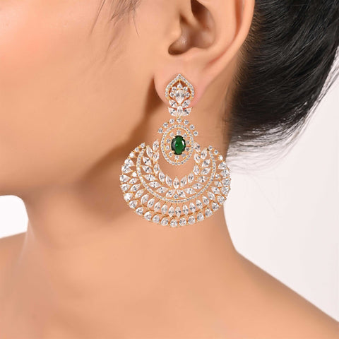 Green Chand-Bali Gold Finish CZ Designer Festive Wear Luxury Brass Earrings