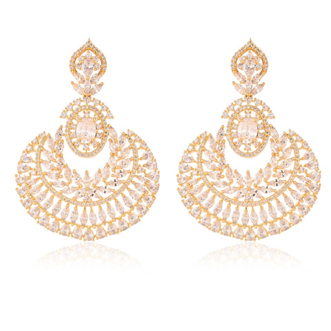 Gold Finish Chand-Bali CZ Designer Festive Wear Luxury Brass Earrings