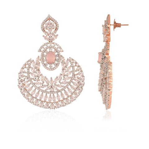 Pink Chand-Bali Rose Gold Finish CZ Designer Festive Wear Luxury Brass Earrings