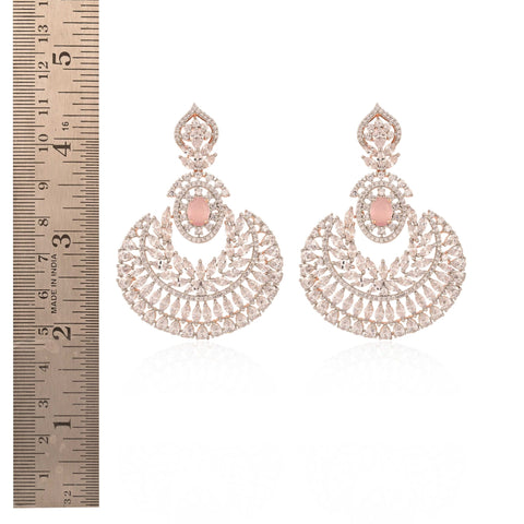 Pink Chand-Bali Rose Gold Finish CZ Designer Festive Wear Luxury Brass Earrings