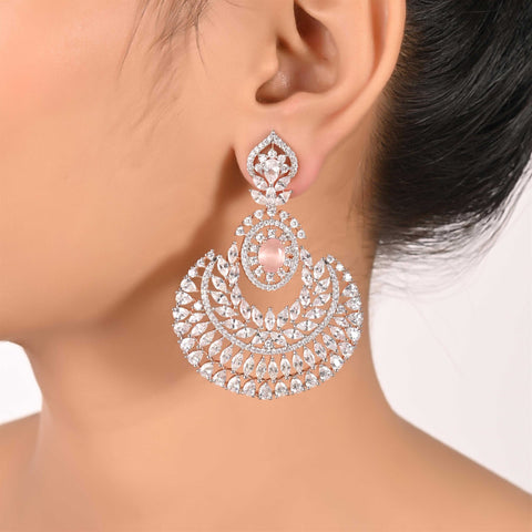 Pink Chand-Bali Rose Gold Finish CZ Designer Festive Wear Luxury Brass Earrings