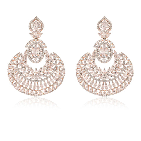 Rose Gold Finish Chand-Bali CZ Designer Festive Wear Luxury Brass Earrings