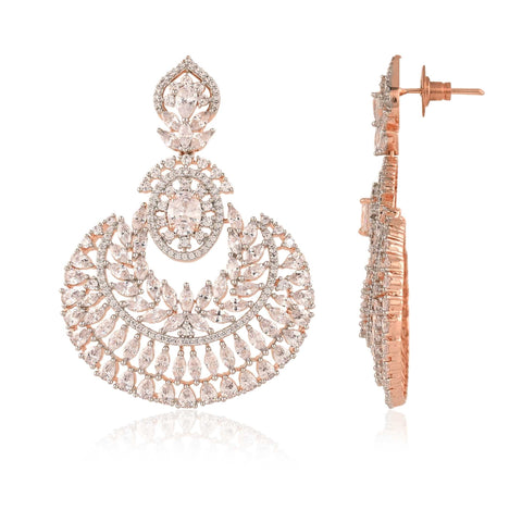 Rose Gold Finish Chand-Bali CZ Designer Festive Wear Luxury Brass Earrings