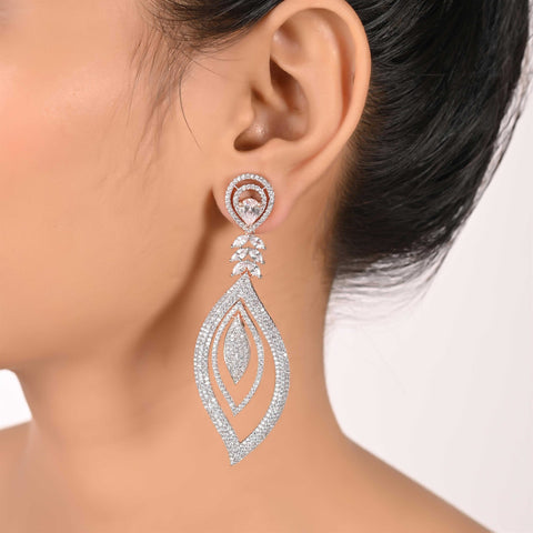 Floral & Tear-Drop White CZ Designer Festive Wear Luxury Brass Earrings