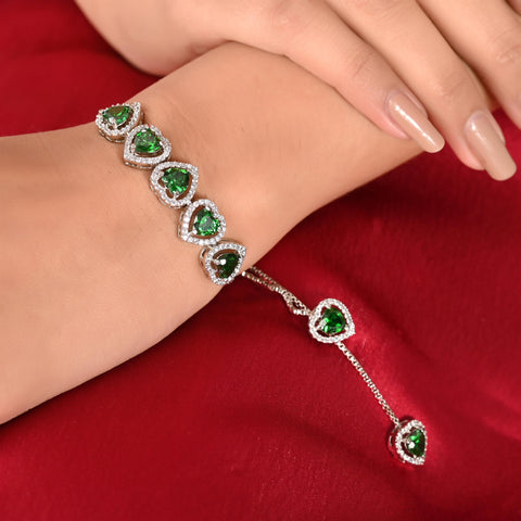 Silver Plated American Diamond CZ Green Heart String Openable Sleek Bracelet