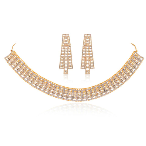 Gold Danglers CZ Designer Festive Wear Luxury Brass Set of Earrings & Necklaces