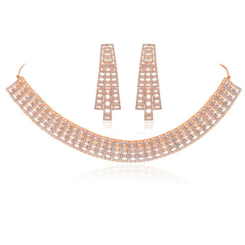 Rose Gold Danglers CZ Designer Festive Wear Luxury Brass Set of Earrings & Necklaces