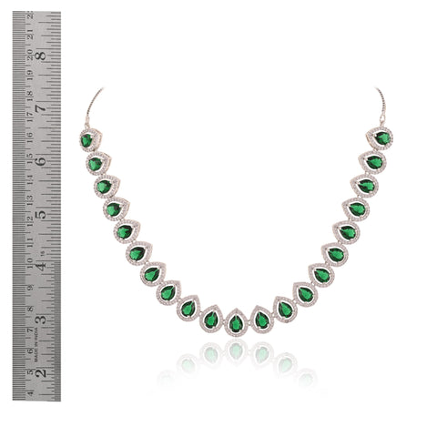 Silver Rose Gold Plated American Diamond CZ Pear Shape Single Line Necklace Set With Earring