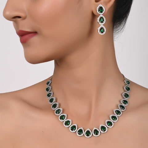 Silver Rose Gold Plated American Diamond CZ Pear Shape Single Line Necklace Set With Earring