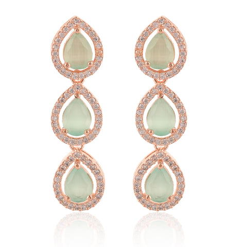 Silver Rose Gold Plated American Diamond CZ Pear Shape Single Line Necklace Set With Earring