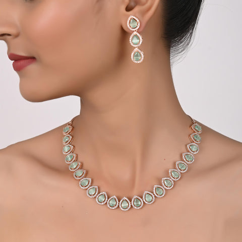 Silver Rose Gold Plated American Diamond CZ Pear Shape Single Line Necklace Set With Earring