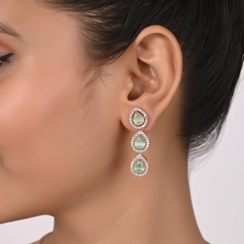 Silver Rose Gold Plated American Diamond CZ Pear Shape Single Line Necklace Set With Earring