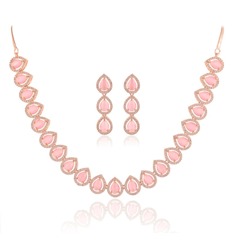 Silver Rose Gold Plated American Diamond CZ Pear Shape Single Line Necklace Set With Earring