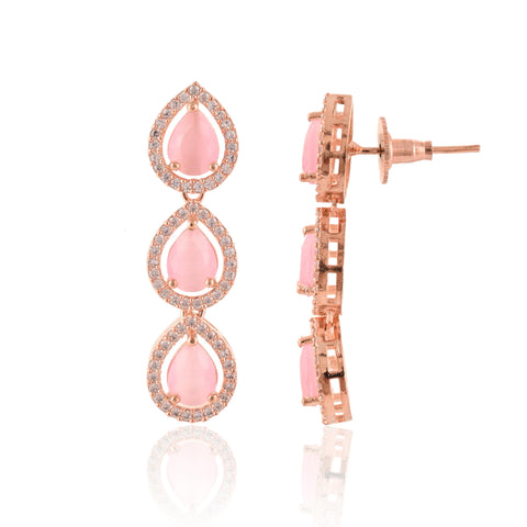 Silver Rose Gold Plated American Diamond CZ Pear Shape Single Line Necklace Set With Earring