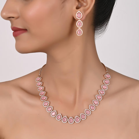Silver Rose Gold Plated American Diamond CZ Pear Shape Single Line Necklace Set With Earring