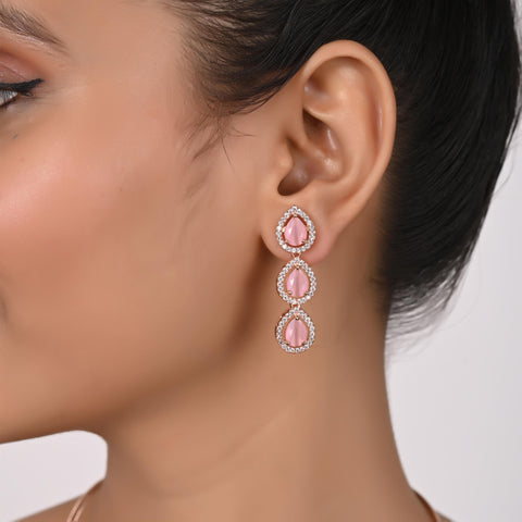 Silver Rose Gold Plated American Diamond CZ Pear Shape Single Line Necklace Set With Earring