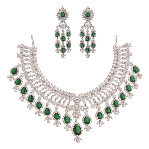 Silver Plated Green American Diamond CZ Heavy Wedding Necklace Set With Earring