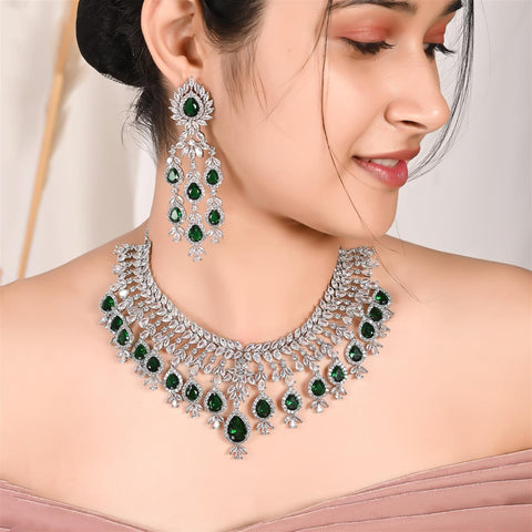Silver Plated Green American Diamond CZ Heavy Wedding Necklace Set With Earring