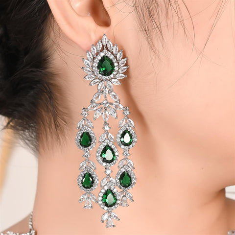 Silver Plated Green American Diamond CZ Heavy Wedding Necklace Set With Earring