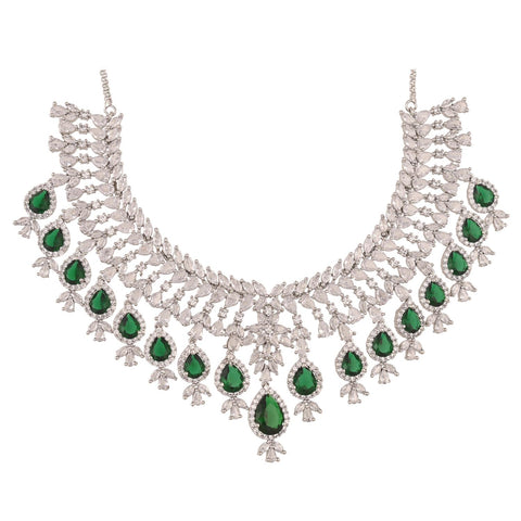 Silver Plated Green American Diamond CZ Heavy Wedding Necklace Set With Earring