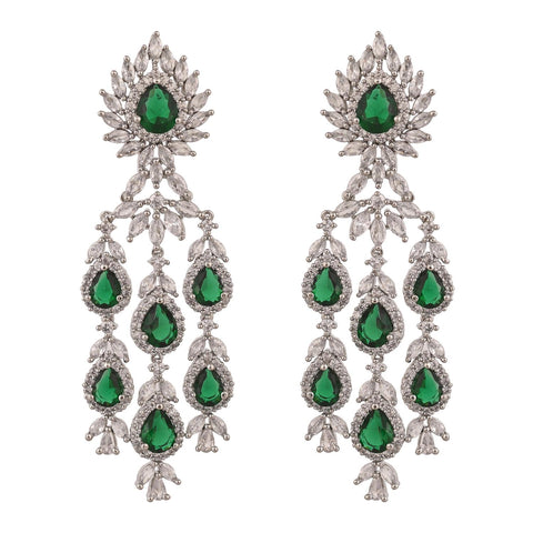 Silver Plated Green American Diamond CZ Heavy Wedding Necklace Set With Earring