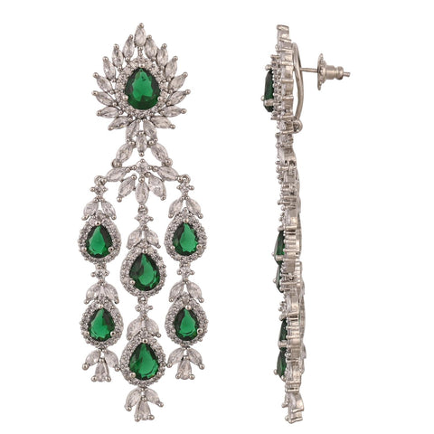 Silver Plated Green American Diamond CZ Heavy Wedding Necklace Set With Earring