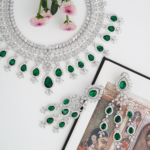 Silver Plated Green American Diamond CZ Heavy Wedding Necklace Set With Earring