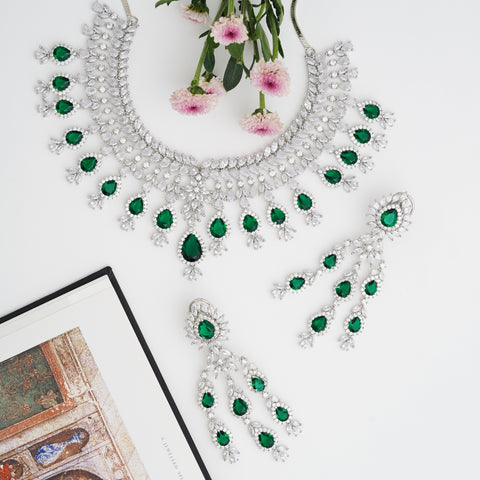Silver Plated Green American Diamond CZ Heavy Wedding Necklace Set With Earring