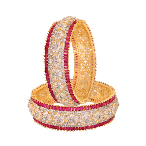 Gold Plated Red White Floral American Diamond CZ Openable Kada Bangle
