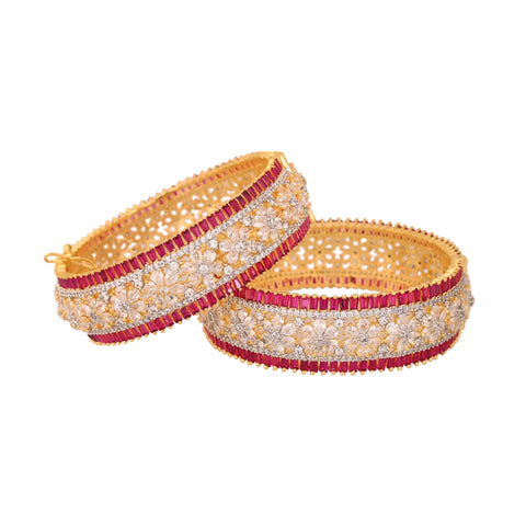 Gold Plated Red White Floral American Diamond CZ Openable Kada Bangle