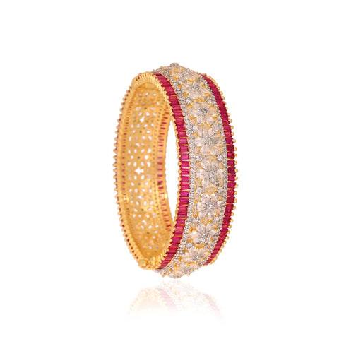 Gold Plated Red White Floral American Diamond CZ Openable Kada Bangle