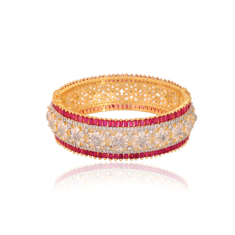 Gold Plated Red White Floral American Diamond CZ Openable Kada Bangle