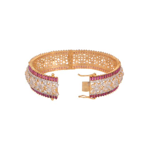 Gold Plated Red White Floral American Diamond CZ Openable Kada Bangle