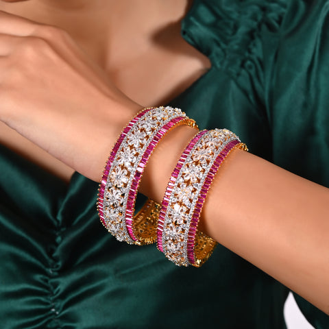 Gold Plated Red White Floral American Diamond CZ Openable Kada Bangle