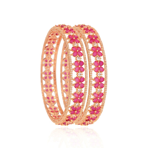 Gold Plated Red American Diamond CZ Floral Kada Bangle