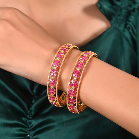 Gold Plated Red American Diamond CZ Floral Kada Bangle