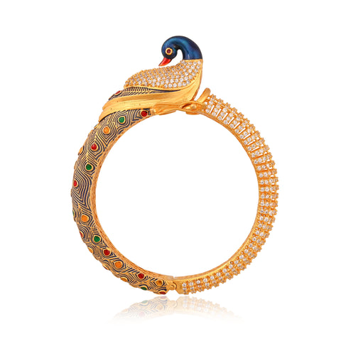 Gold Plated White CZ Enamel Peacock Openable Single Piece Kada Bangle