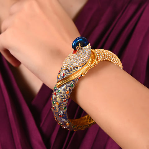 Gold Plated White CZ Enamel Peacock Openable Single Piece Kada Bangle